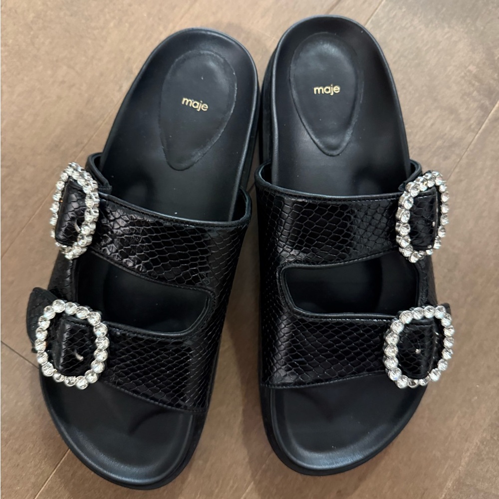 Maje Paris Black Slide Sandals with Rhinestone Buckles NWOB- FR 40- US 9.5/10 - Picture 2 of 12